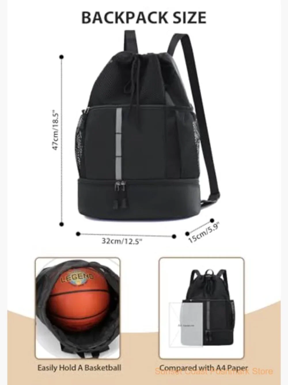 Waterproof Gym Drawstring Backpack with Shoes Compartment Wet Pockets